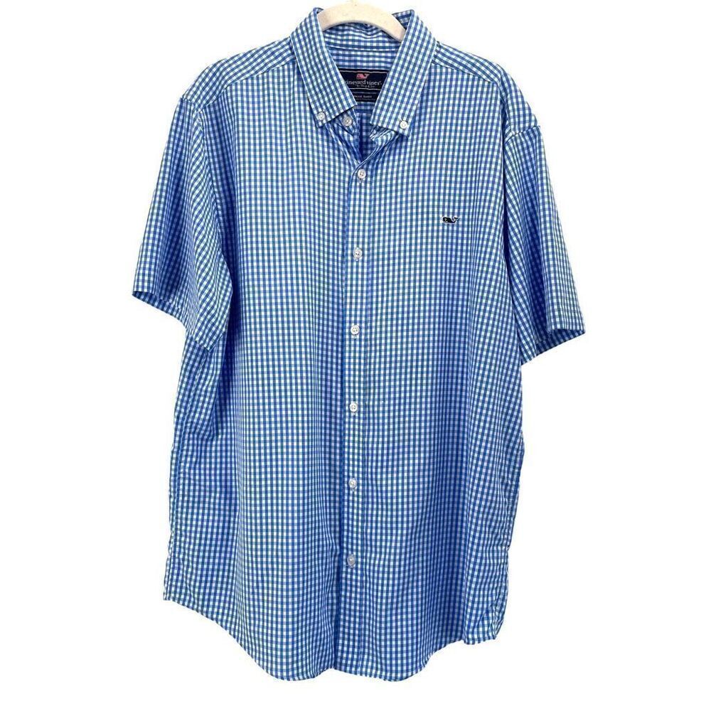 Vineyard Vines plaid Whale shirt Size L‎ blue white short sleeve